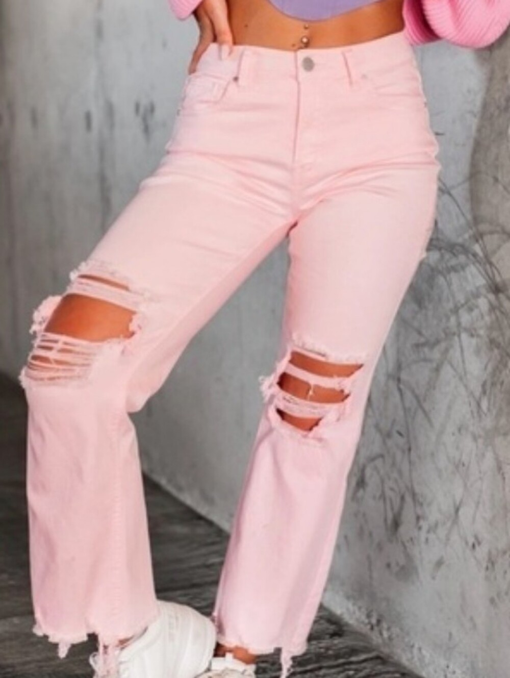 Lucky & Blessed High Rise Boyfriend Distressed Wide Leg Jeans in Pink Size 8 NWT